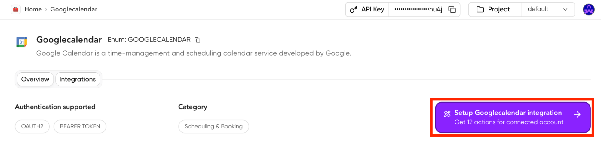The Setup Googlecalendar integration highlighted