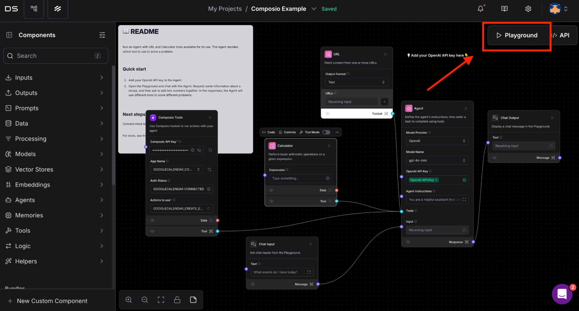 The Langflow "Playground" button is in the top right corner.