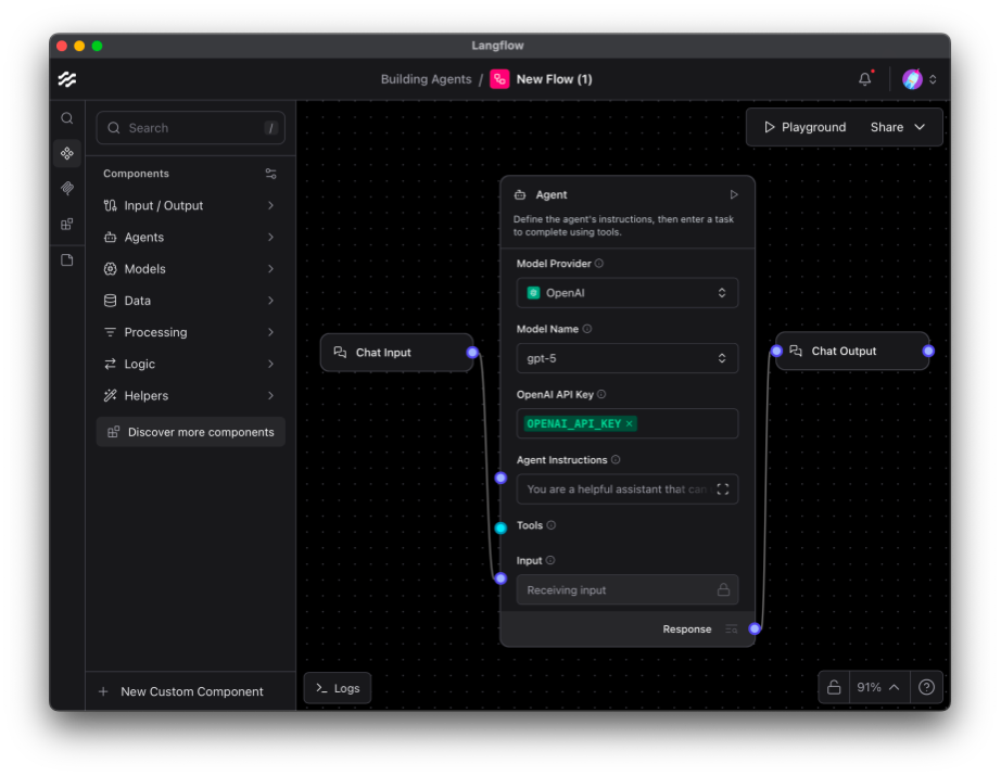 The Agent component requires you to choose the model provider and the model.