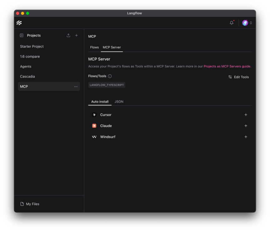 This project lists one tool as available, called LANGFLOW_TYPESCRIPT
