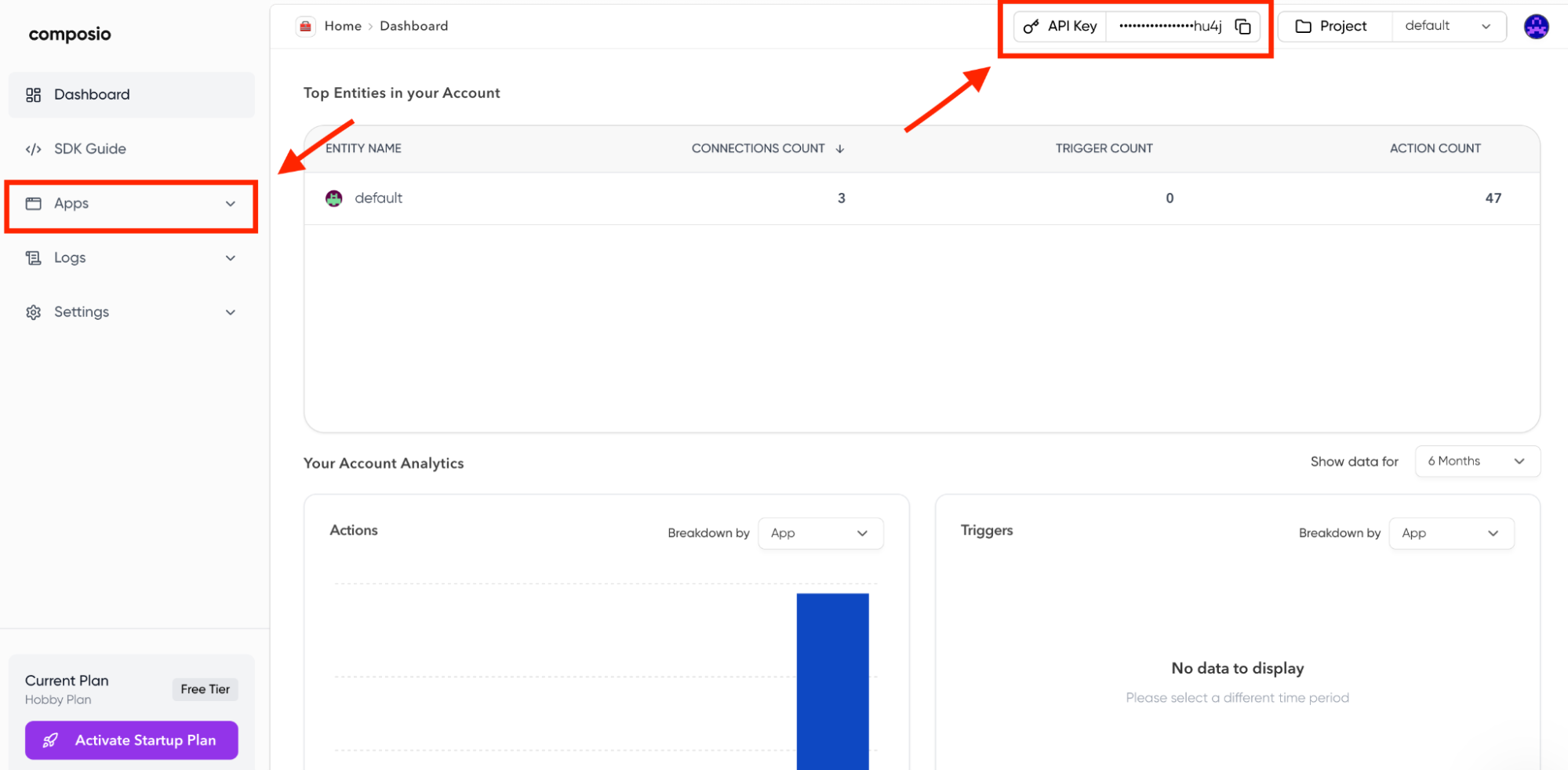 The API key can be found at the top right of the dashboard, apps are then in the left sidebar