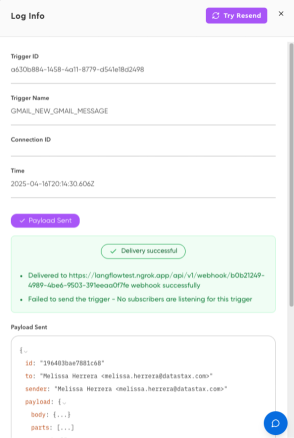 Trigger logs from Composio once the Gmail received a new email.