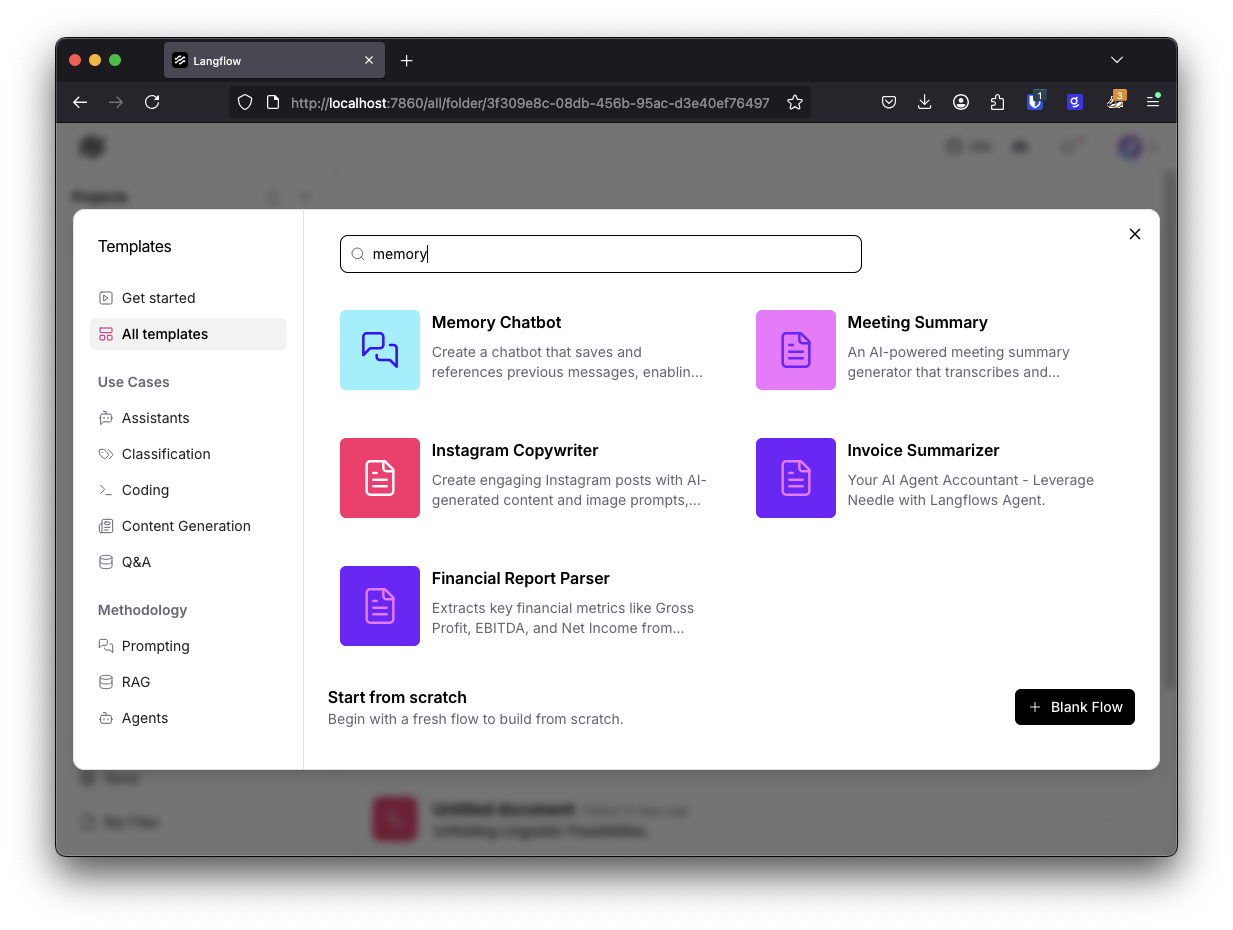 This screenshot displays the Langflow web interface, showing a "Templates" pop-up window with a search bar at the top, currently displaying "memory". Below the search bar, six template options are visible as cards. The top-left card is "Memory Chatbot," described as "Create a chatbot that saves and references previous messages, enabling...". Other visible templates include "Meeting Summary," "Instagram Copywriter," "Invoice Summarizer," and "Financial Report Parser." At the bottom, there's a "Start from scratch" option and a "Blank Flow" button. The left sidebar shows navigation options such as "All templates," "Use Cases," "Assistants," "Classification," "Coding," "Content Generation," "Q&A," "Methodology," "Prompting," "RAG," and "Agents."