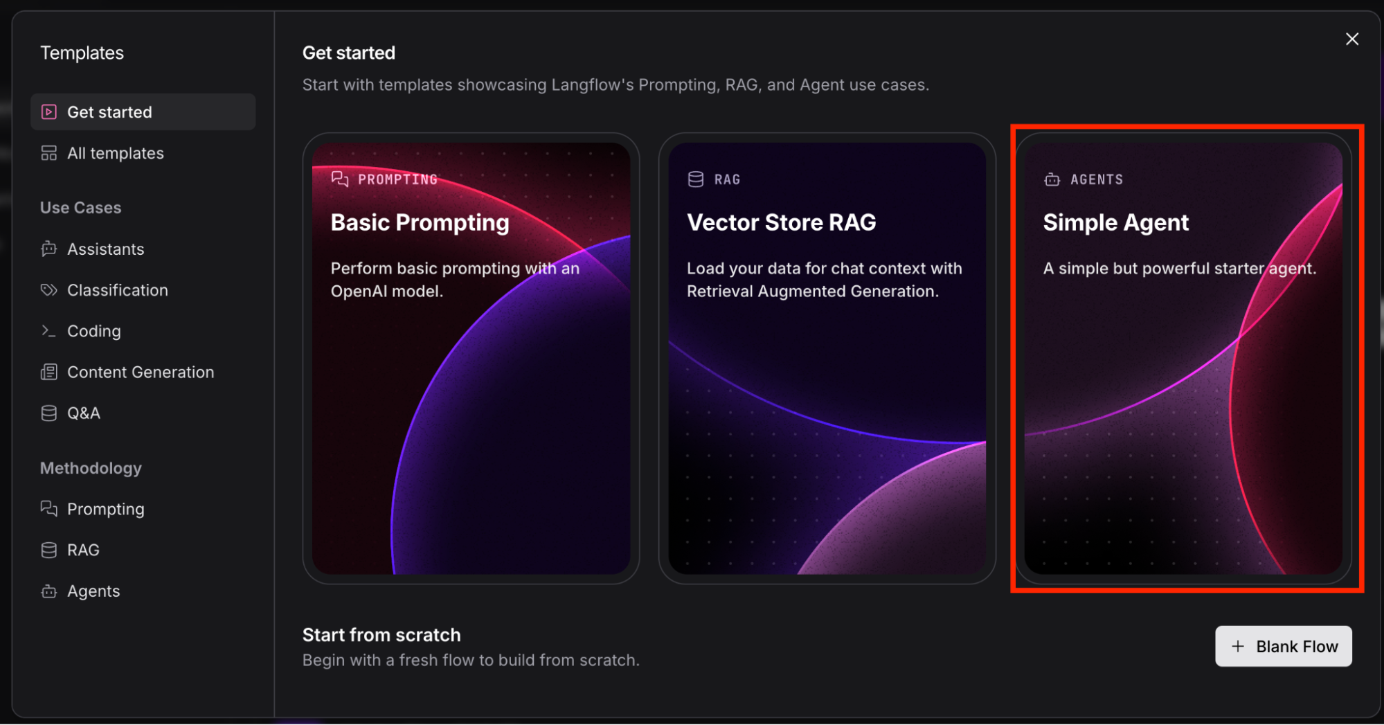 The Langflow start menu, it has three highlighted templates and many more to choose from