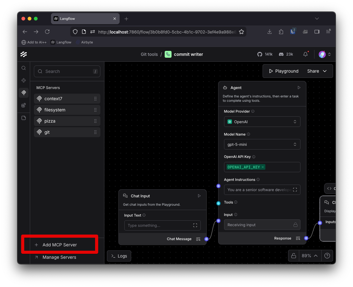 Click on the MCP menu and find Add MCP Server at the bottom of the screen.
