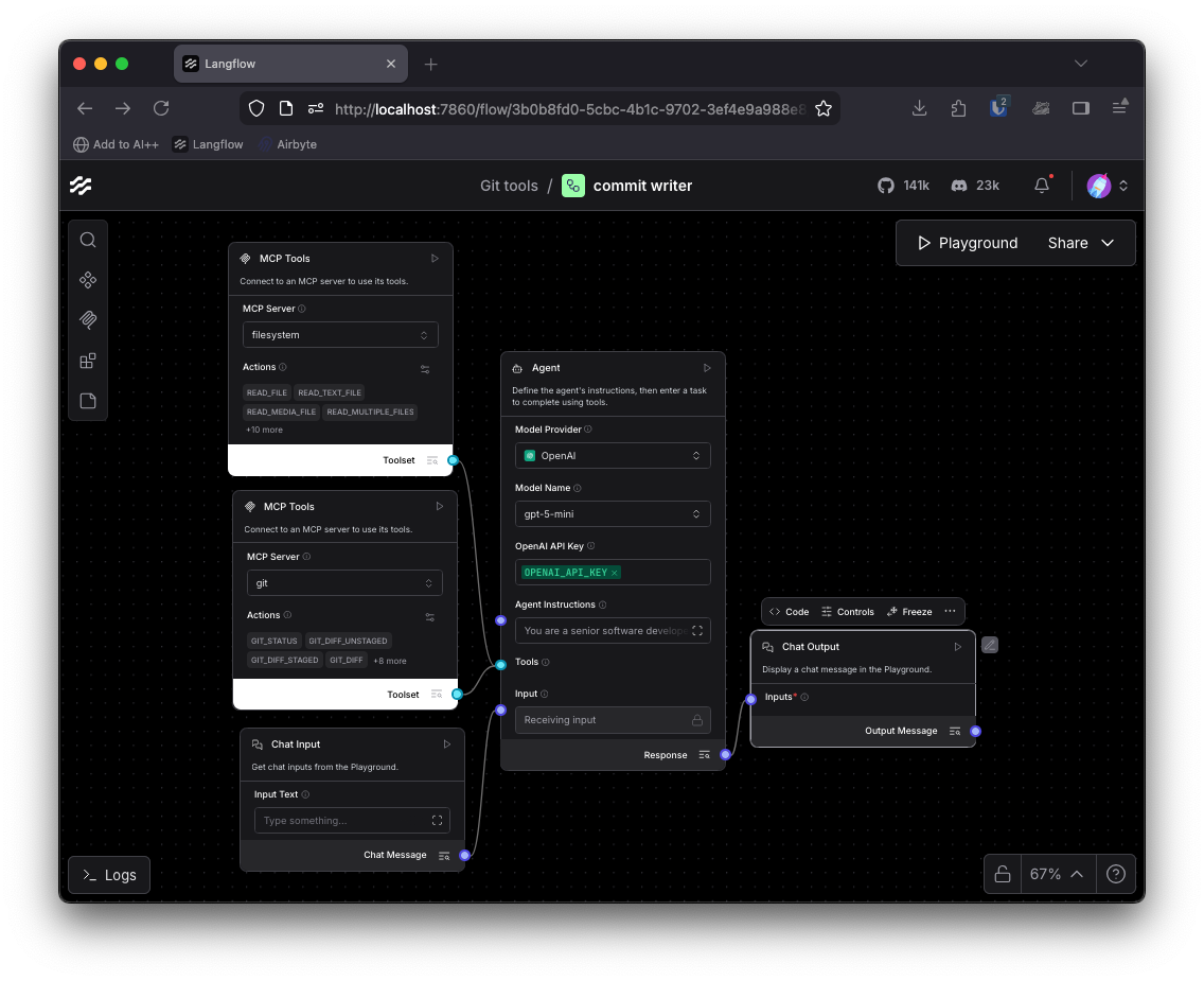 An agent with an input and output connected, plus two MCP server components providing tools for the agent.