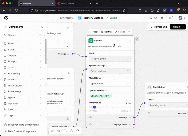 An animation showing how to turn on streaming for the model component in the Langflow canvas. Start by clicking controls at the top of the component, then find the Stream setting and turn on both switches.