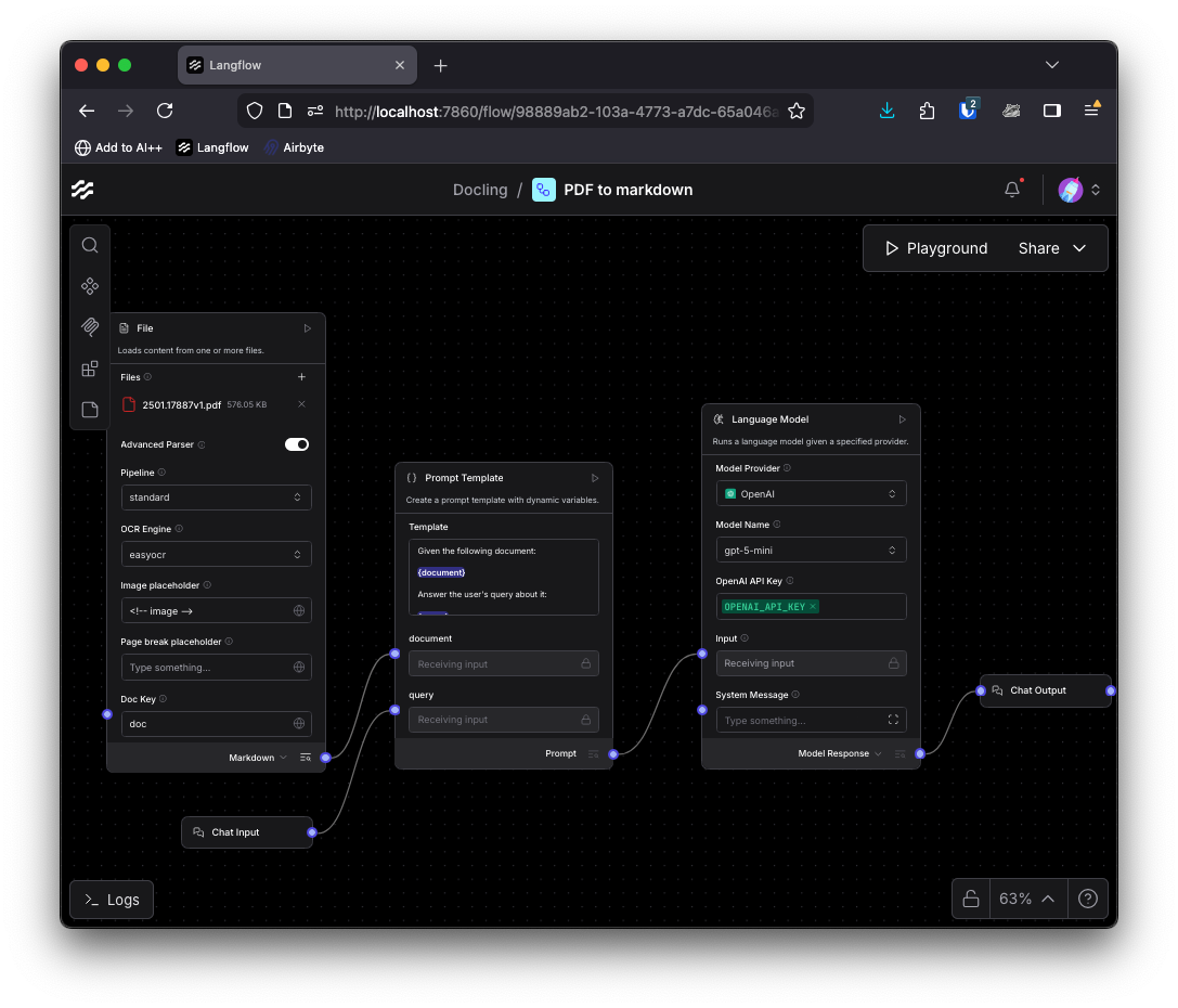 Add a chat input, combine it with the output from the File component using a prompt template, and feed it to a Language Model to chat with your PDF.