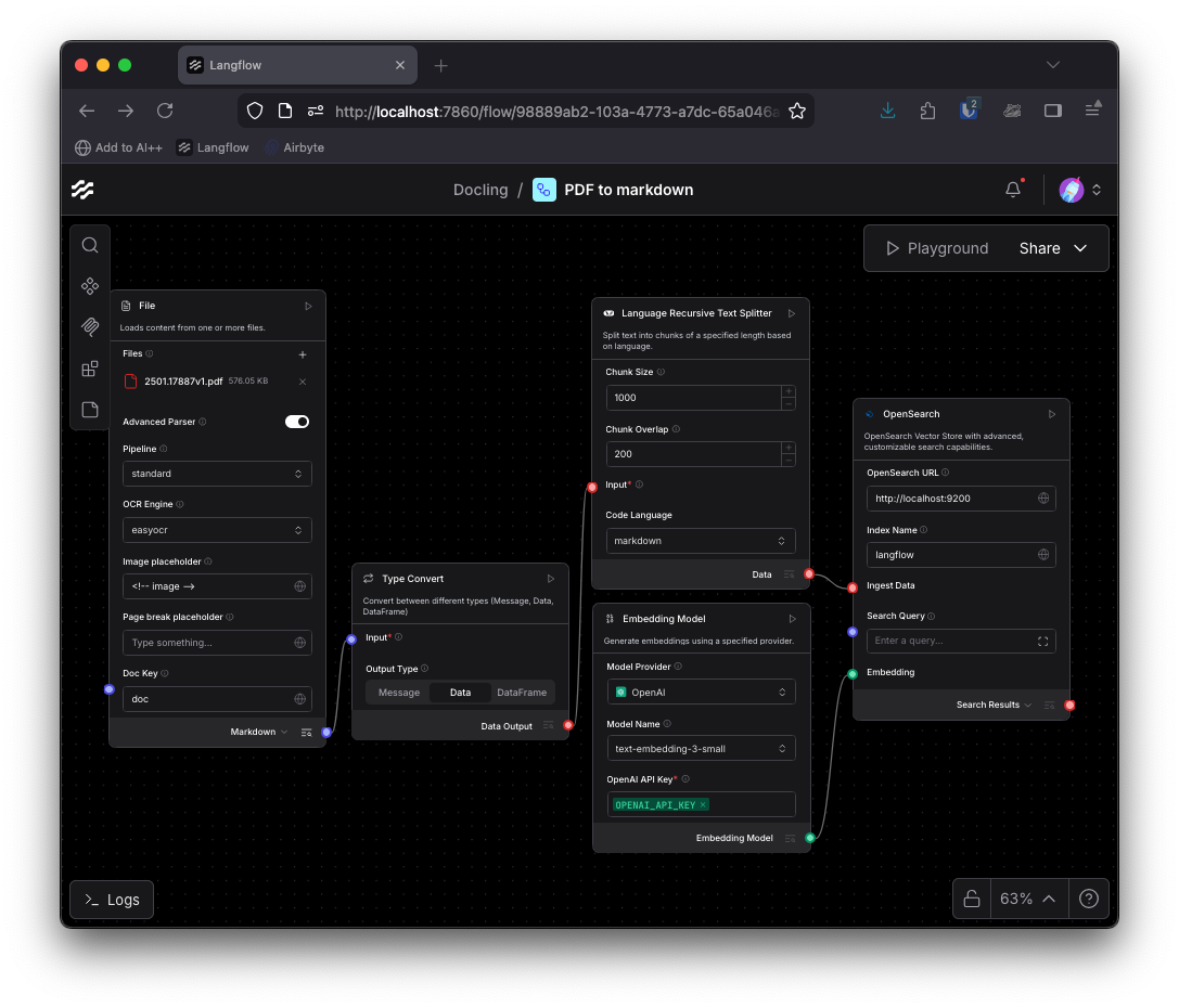 Use a Type Convert component to convert the markdown into data and then use a text splitter, embedding model and vector store like OpenSearch to create a RAG ingestion pipeline.